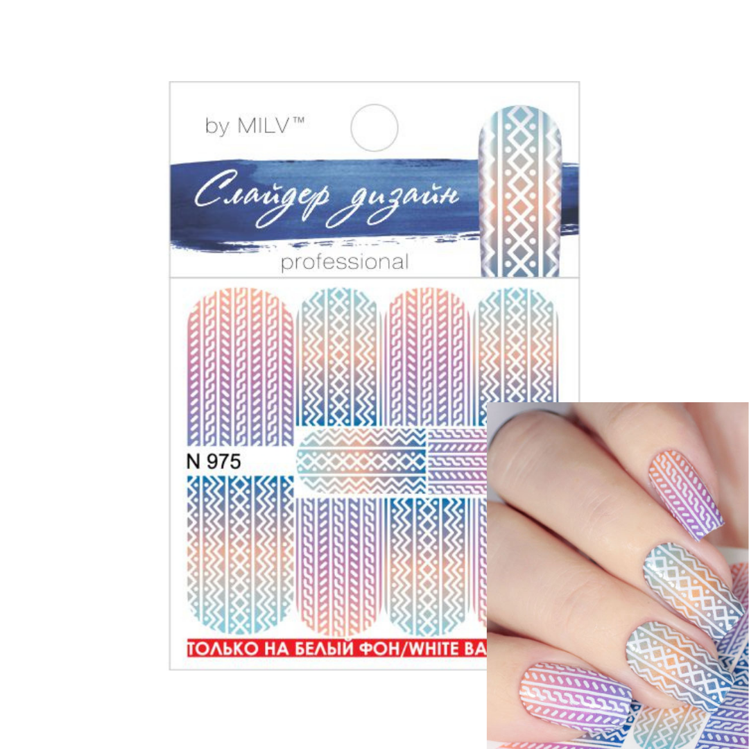 Nail art water slider sheet by MILV featuring a blue and white geometric pattern, shown alongside a hand displaying the matching patterned nails.