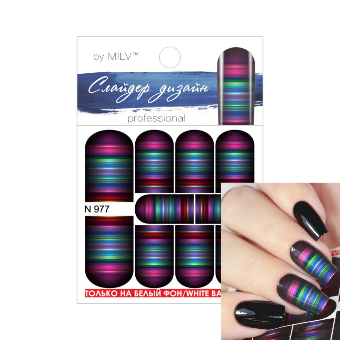 Nail wrap sticker sheet by MILV featuring holographic rainbow striped patterns on black bases, shown with a hand demonstrating the applied effect on black nails.