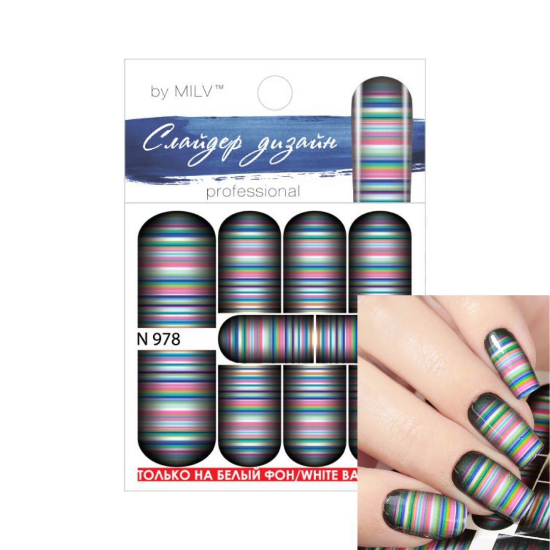 Nail wrap sticker sheet by MILV featuring multicolor pastel stripes on a black background, shown with a hand sample of the applied nail design on a white background.