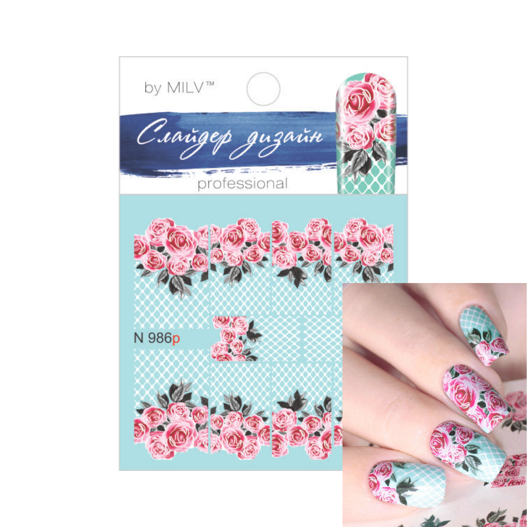 Nail art sticker sheet by MILV featuring pink rose patterns on a light blue background, shown alongside a hand demonstrating the floral nail design.