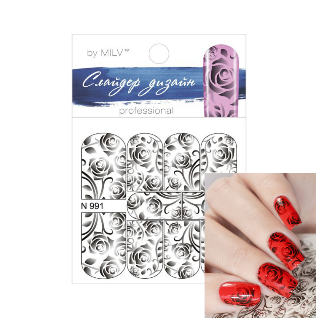 Nail art water slider sheet by MILV, model N 991, featuring a silver rose pattern. The image includes the packaging card, a close-up of the metallic stamping plate, and a demonstration of the pattern applied to red nail art on a hand.
