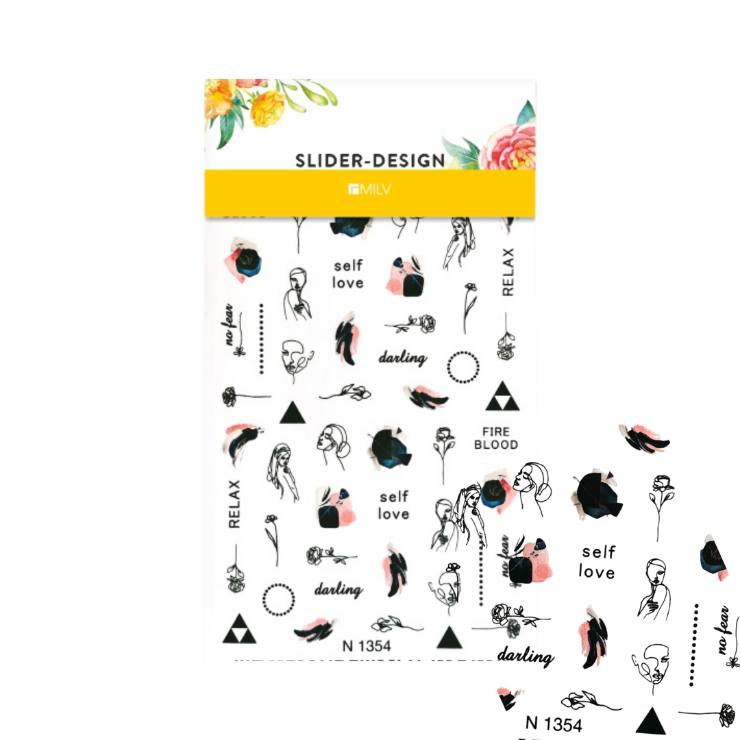 Nail art sticker sheet from the brand Nelly, featuring a collection of black, pink, and yellow illustrations including hand-drawn figures, floral elements, and text such as 'self love', 'relax', and 'darling'. The sheet is displayed on a clean white background with a few stickers peeled off to show their individual shapes.