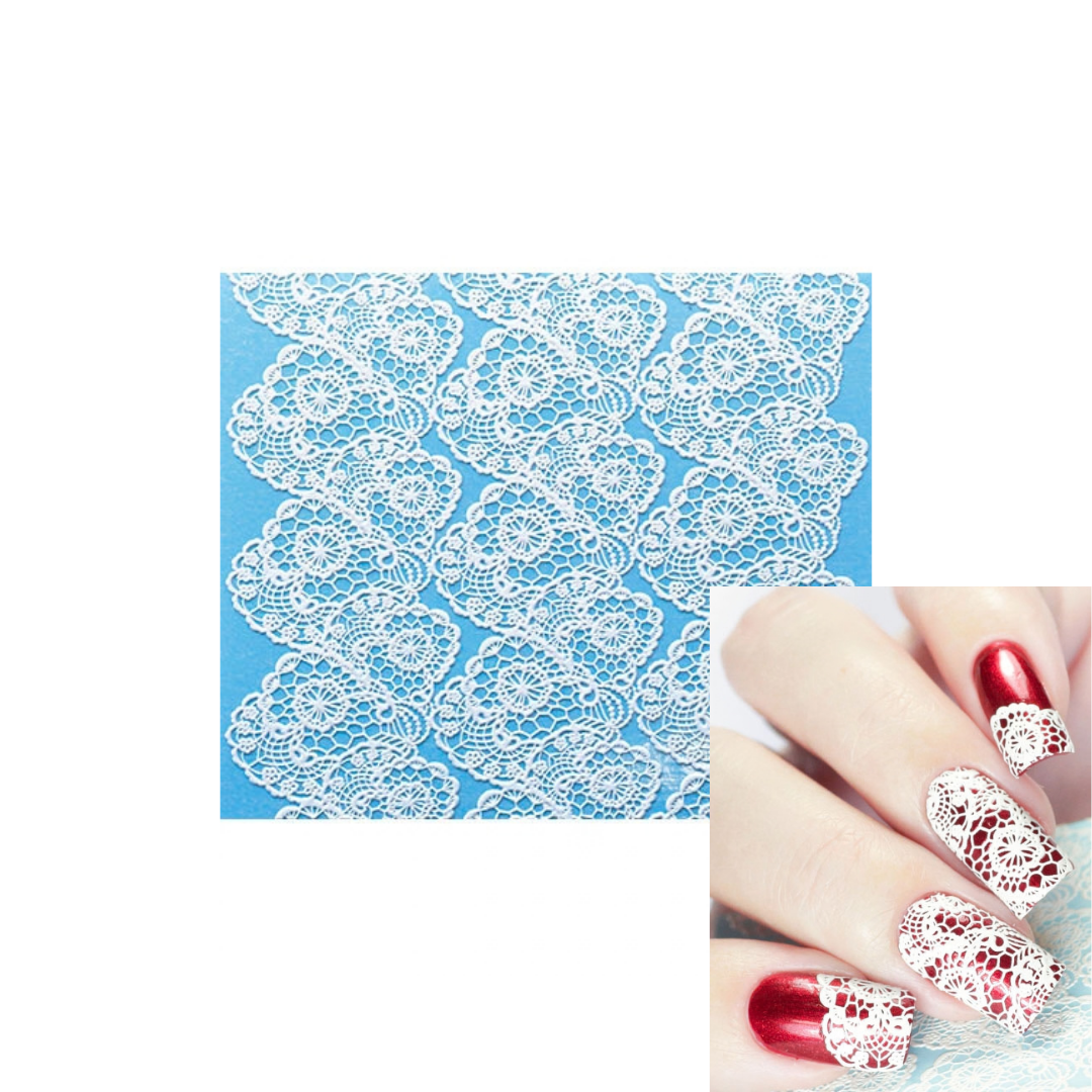 White lace 3d nail art sheet displayed on a blue backing sheet, with a small inset showing them applied to fingernails over a red manicure.