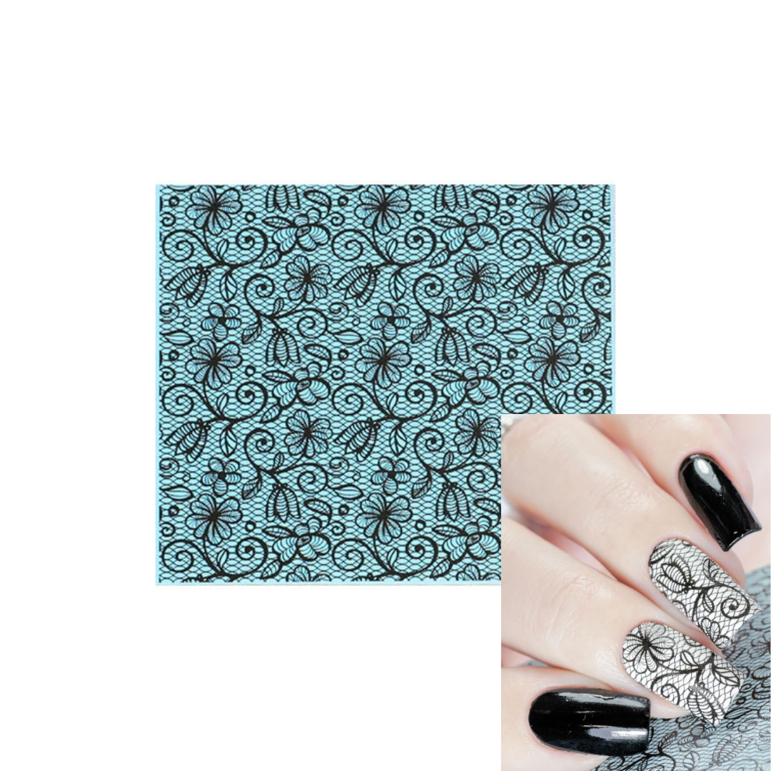 A square 3d nail art sheet with black floral lace pattern on a light aqua background, shown next to a hand with manicured nails decorated with the same black floral lace design.