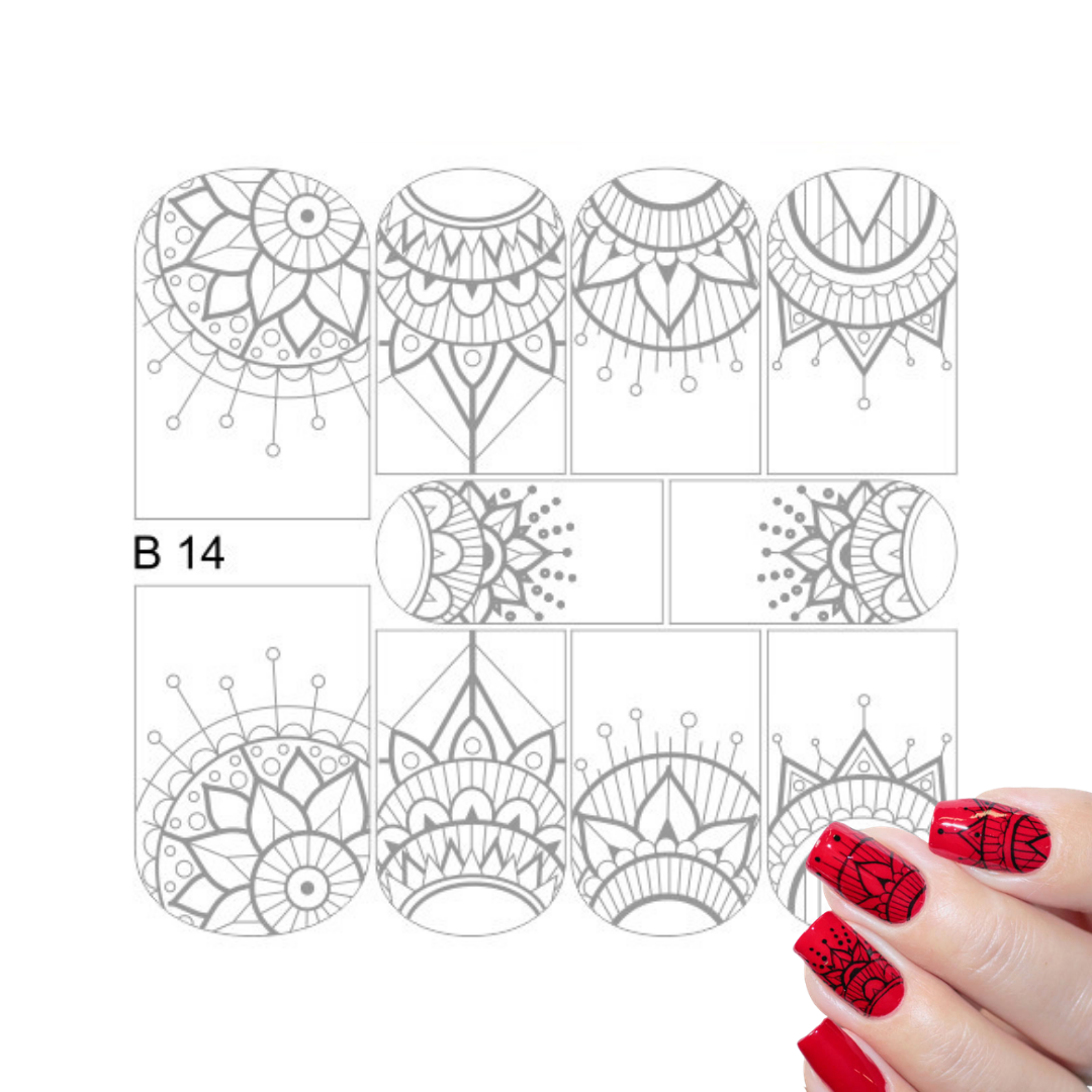 Nail art design template sheet labeled B 14 with ornate mandala and crown-like line art in gray on a white background, plus a hand showing red nails with matching black pattern applied.