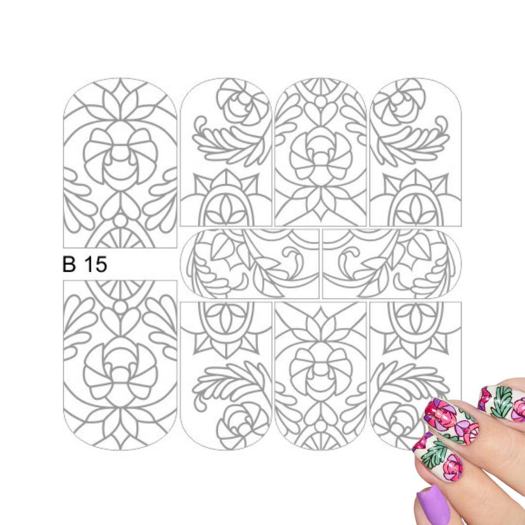 Nail art design template with floral and scrollwork line art designs, labeled B15, shown on a white background with a hand displaying a matching floral nail design in the bottom right corner.