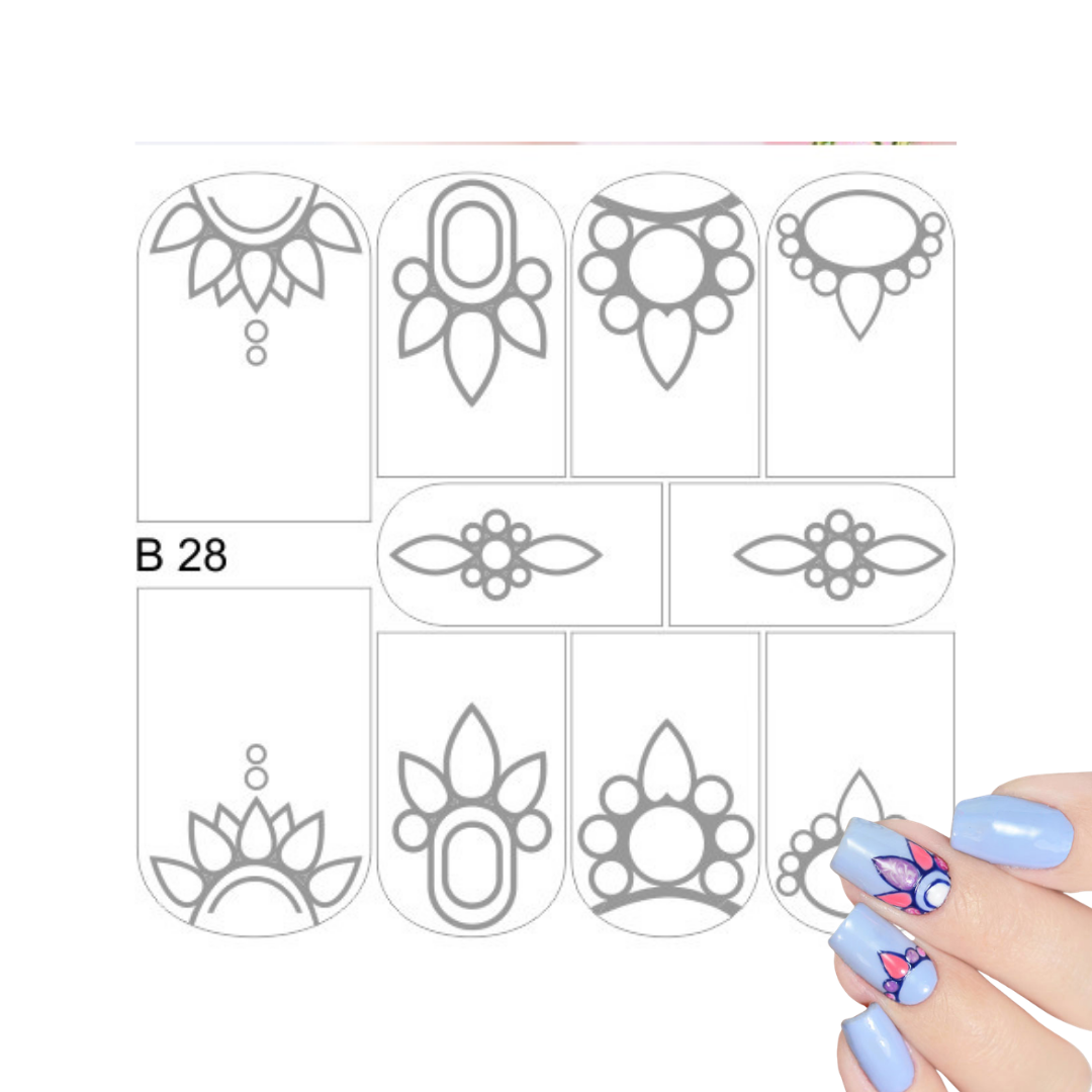 Nail art design template with gray line-art designs labeled B 28, shown on a white background with a hand displaying light blue nails decorated with matching nail art.