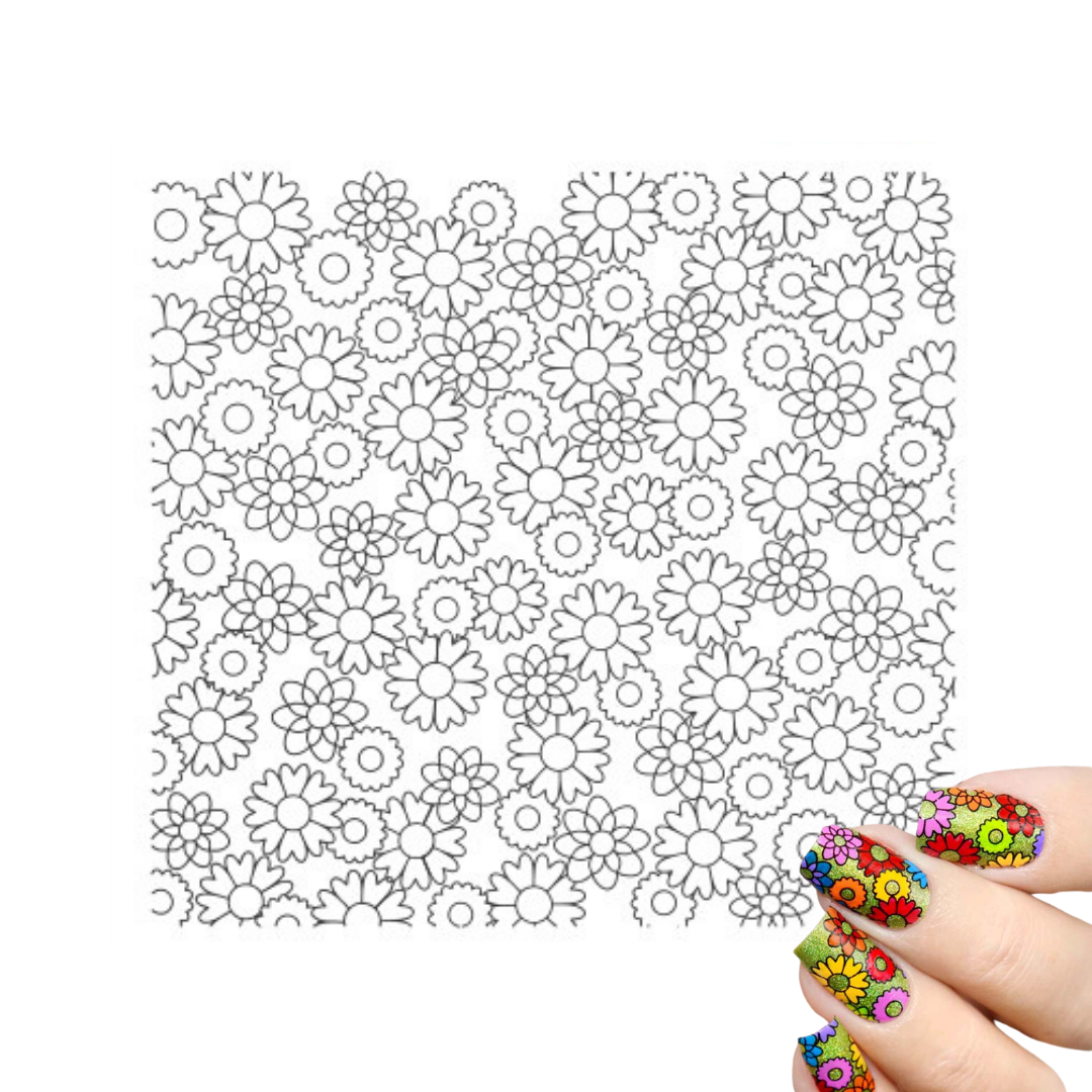 Nail art design template covered in a repeating black floral line pattern, shown on a white background with a hand at the lower right displaying colorful floral nail art as a usage example.