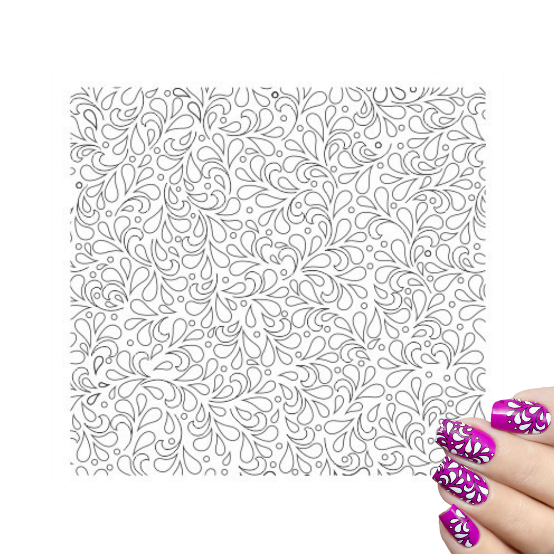 Nail art design template featuring an intricate black floral and paisley line pattern on a white background, held at the bottom right corner by a hand with bright magenta and white patterned nail polish.