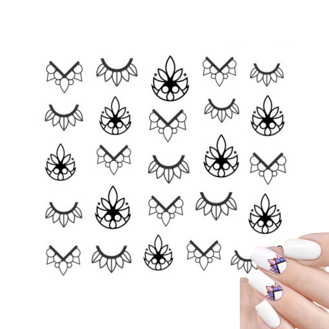 Nail art design template showing black floral and crescent moon designs, with a hand displaying white nails decorated with one of the decals in the bottom right corner.
