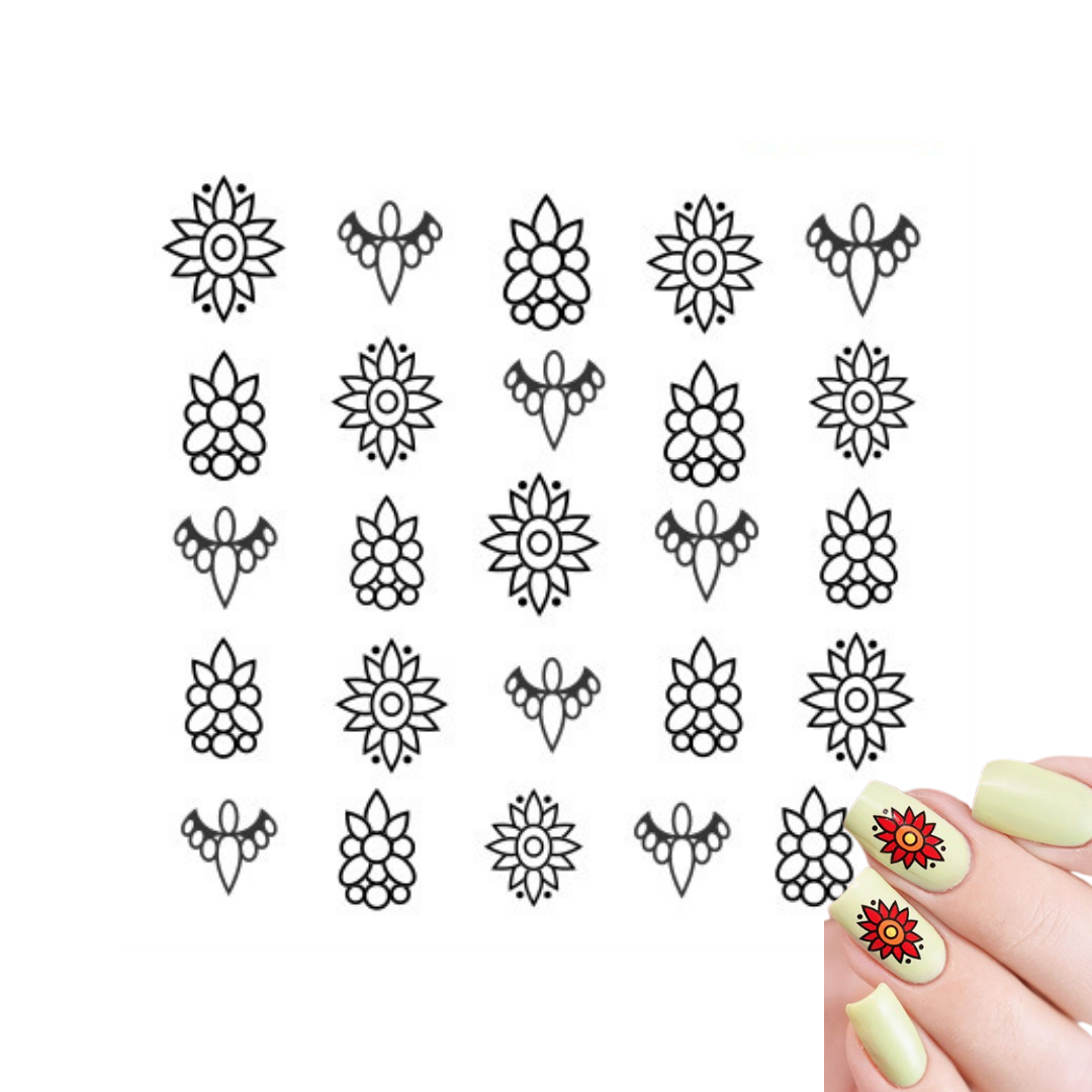 Nail art design template of black floral and wing-like nail art decals on a white background, with a small inset showing three fingernails decorated with red and black floral designs.