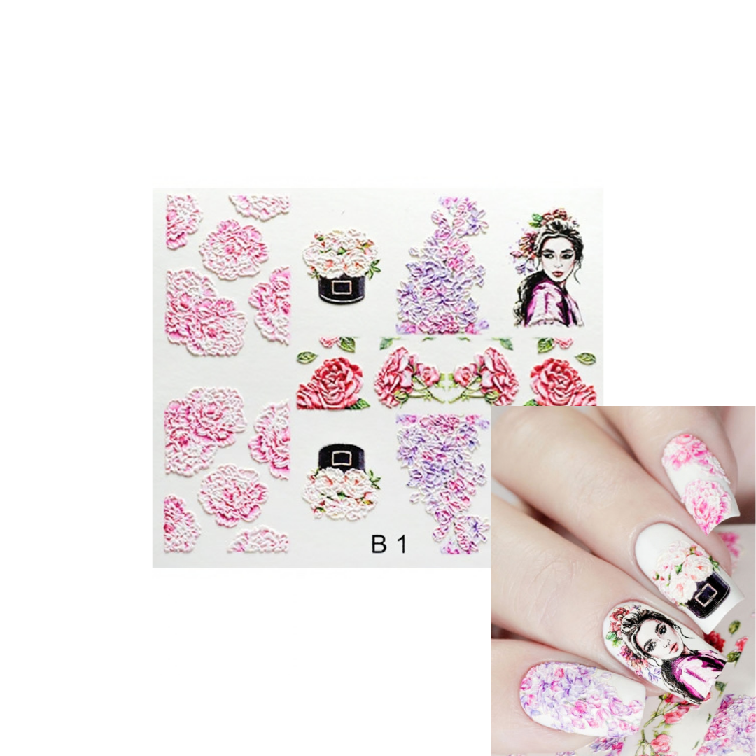Nail art sticker sheet labeled B1 with pink and purple floral designs, small black-and-white face stickers, and a hand showing the stickers applied to fingernails.