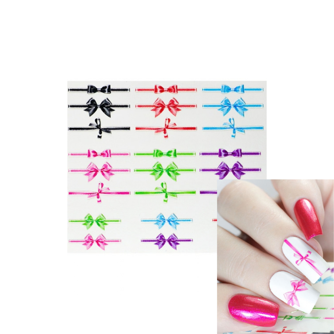 Nail wrap sticker sheet featuring rows of metallic bow designs in multiple colors, alongside a close-up inset of a hand displaying the bows applied to fingernails.