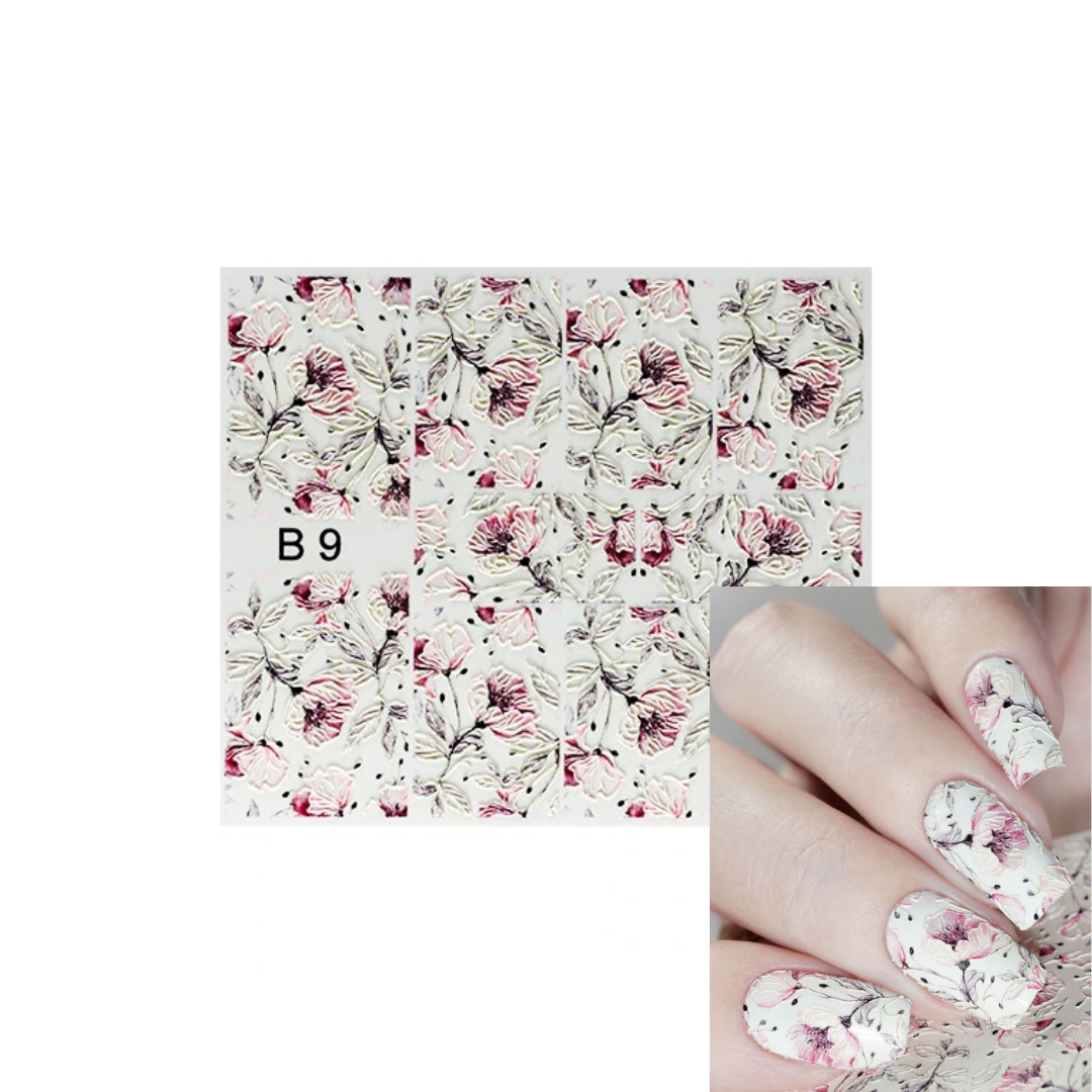 Nail pattern sheet labeled B9 with a floral print, shown alongside a close-up of manicured nails decorated with the same pattern.