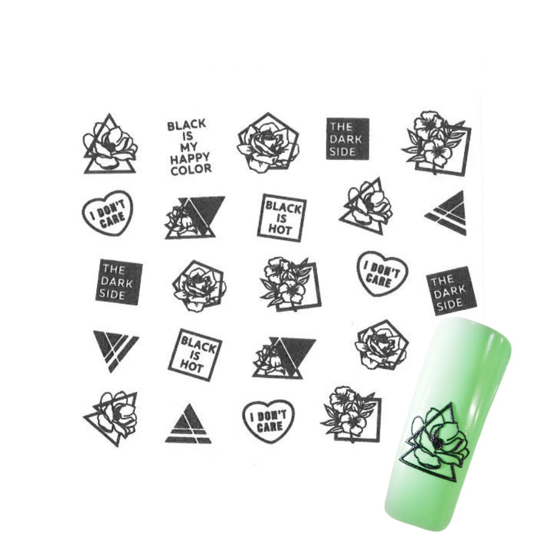 Nail art sticker sheet featuring black geometric rose designs, text phrases like 'BLACK IS MY HAPPY COLOR', 'THE DARK SIDE', 'BLACK IS HOT', 'I DON'T CARE', and 'THE DARK SIDE', shown with a mint green nail tip sample on a white background.