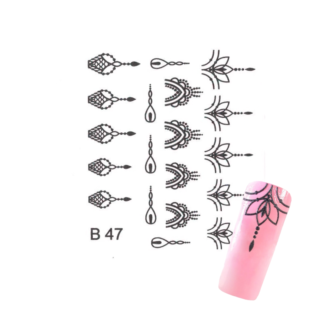 Black 3d nail art sheet with floral and geometric lace-like patterns, labeled B 47, shown on a white background with a pink nail sample displaying the applied design.