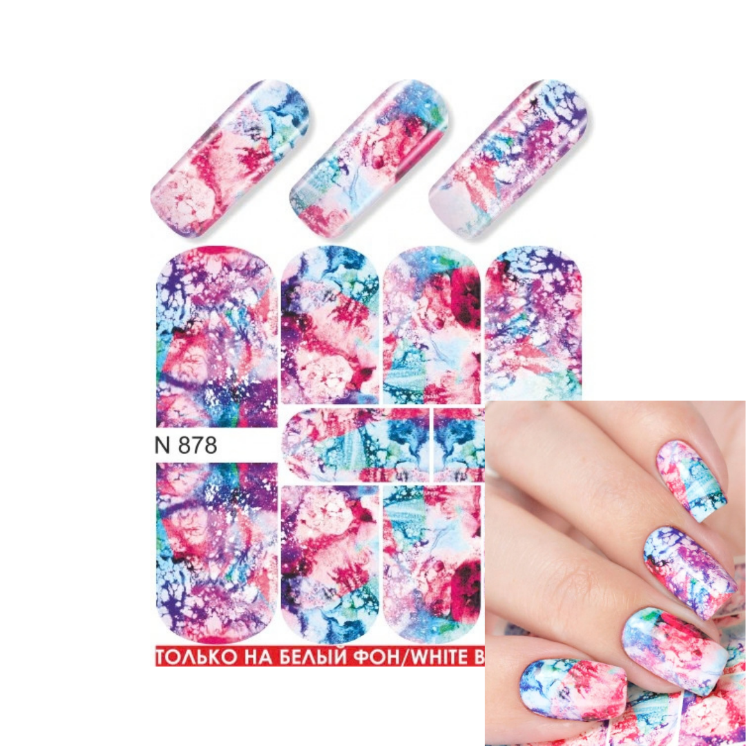 Nail art decals with a colorful marble pattern in pink, blue, and purple, shown on nail tips and a hand, with the text 'N 878' and 'ТОЛЬКО НА БЕЛЬЙ ФОН / WHITE B.