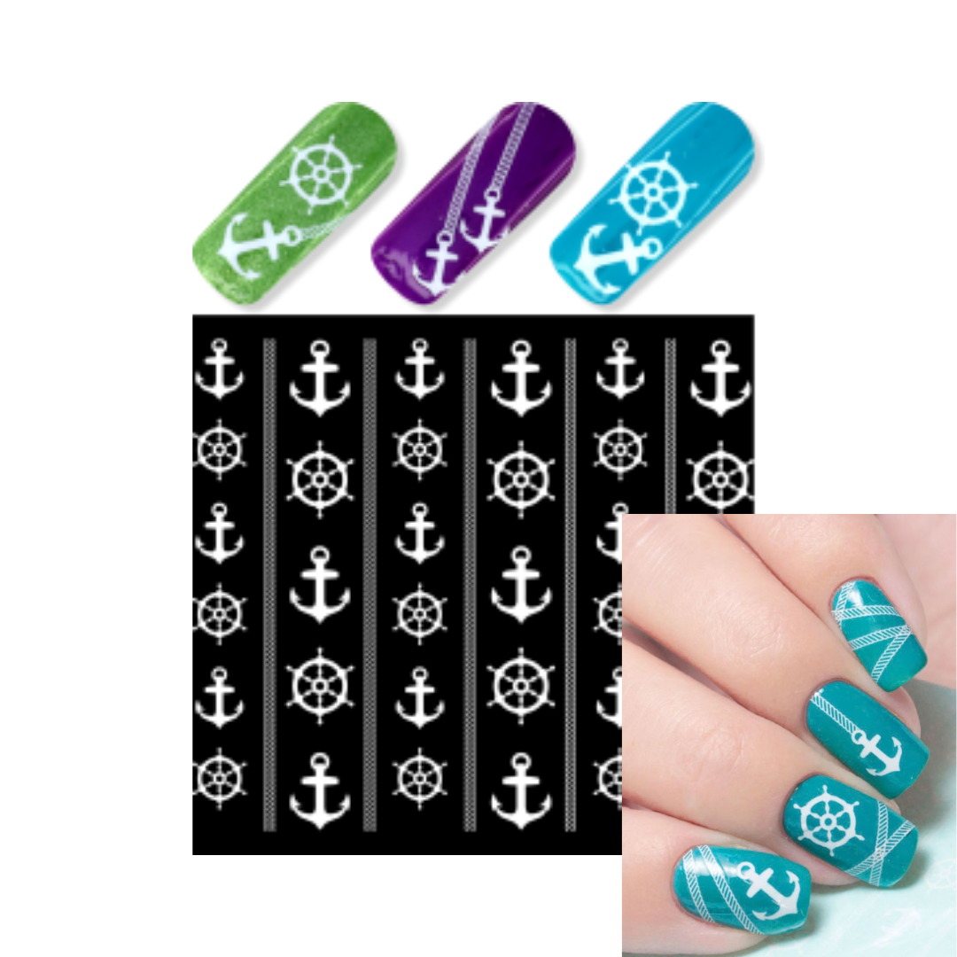 Nautical-themed nail art decals showing three colored nail tips with white anchor and ship wheel designs, a sheet of black nail stencils with white anchor and ship wheel patterns, and a hand displaying teal nails decorated with the same anchor and ship wheel designs.