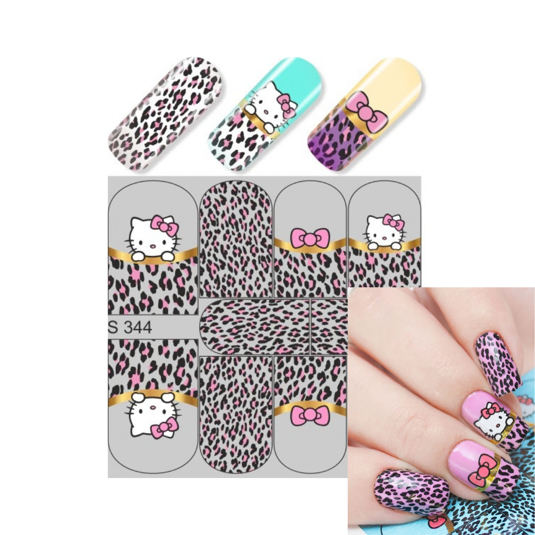 Nail wrap sticker sheet with Hello Kitty designs, featuring leopard print, cartoon Hello Kitty face, and pink bow patterns, shown with sample nail tips and a hand application preview.