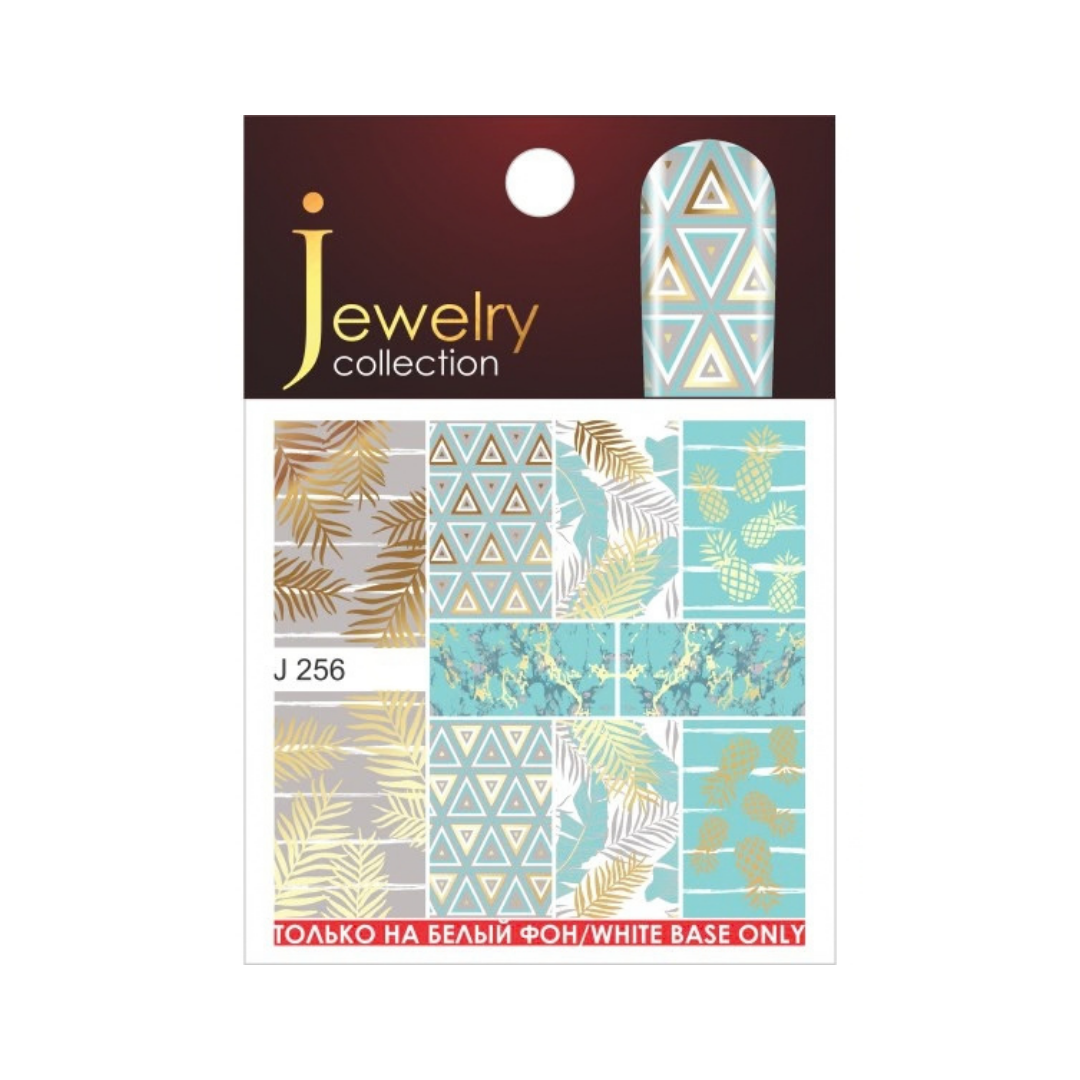 Jewelry collection nail stamping plate sheet J 256 featuring geometric and botanical patterns in gold, teal, and gray on a white base, packaged in a card with a dark brown header.