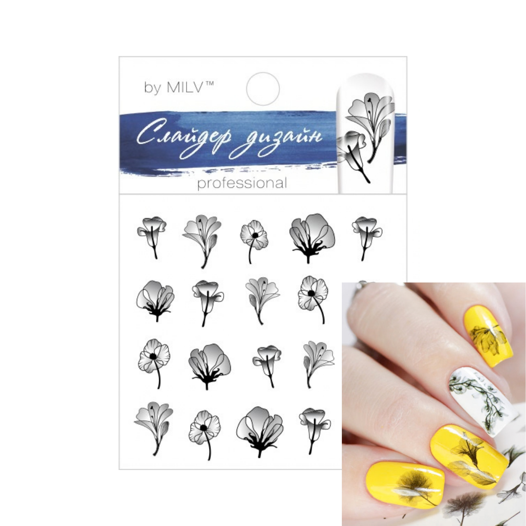 Nail stamping plate sheet by MILV featuring black and gray floral designs, shown alongside a close-up of manicured fingernails demonstrating the yellow and white floral nail art application.