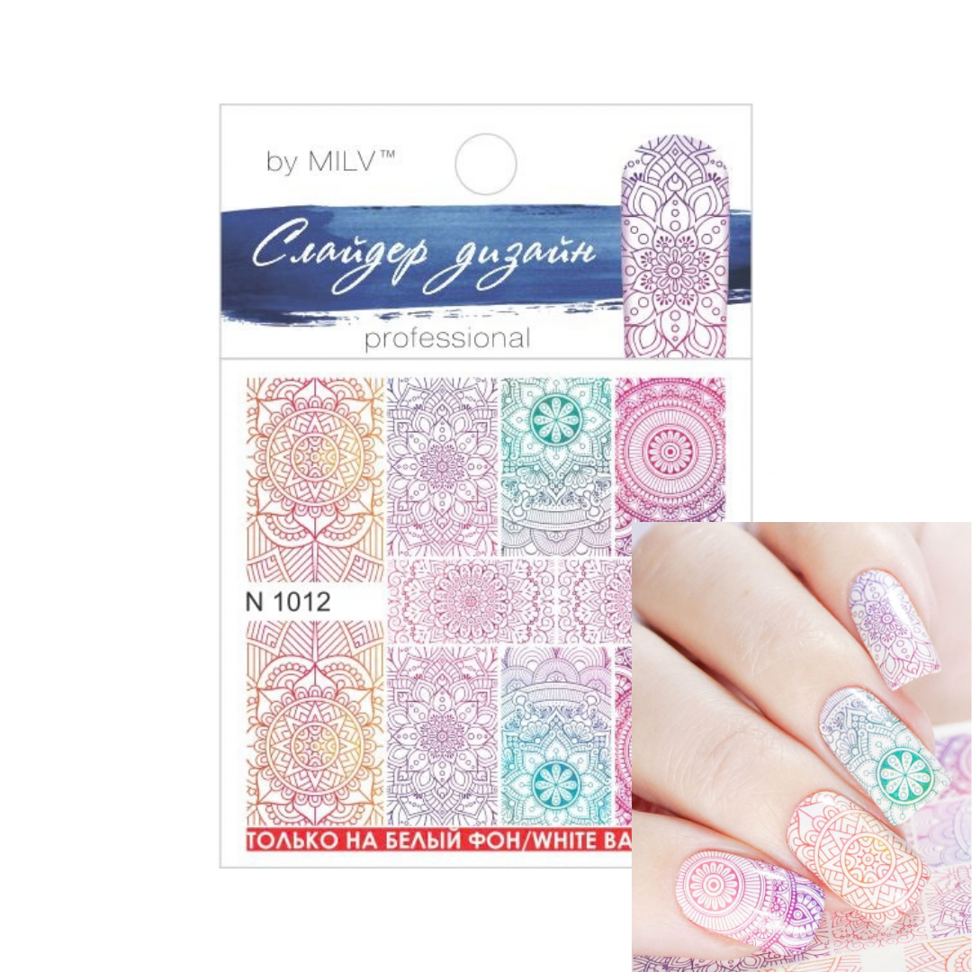 MILV professional nail stamping plate sheet N 1012 with various mandala and geometric patterns, shown next to a hand displaying the nail design.