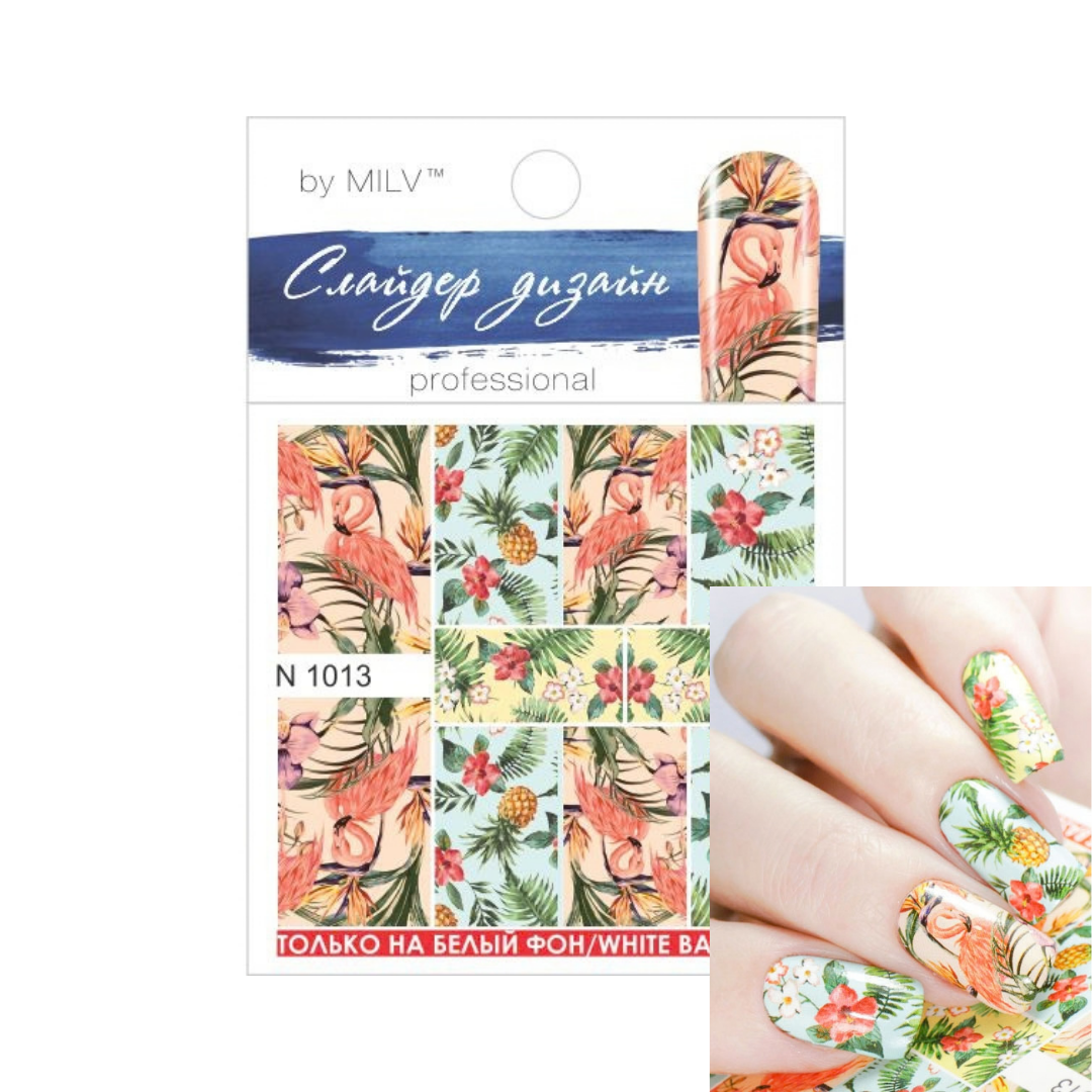 Nail art sticker sheet by MILV 'Candy design' in tropical parrot and palm leaf patterns, shown with a hand displaying the applied design on fingernails.