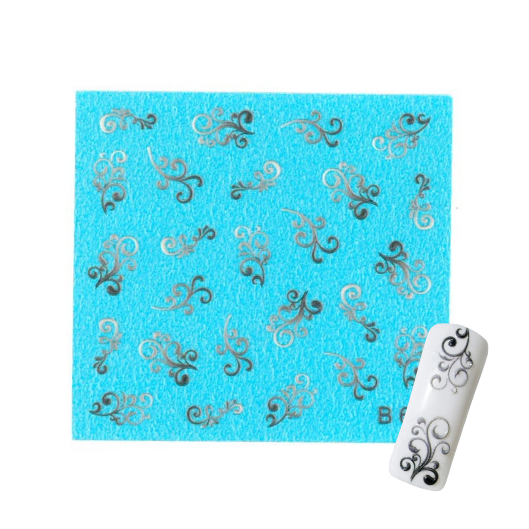 A square sheet of bright turquoise 3d nail art sheet with repeating silver and black scroll motifs, shown next to a white nail tip sample decorated with the same black-and-silver pattern on a plain white background.