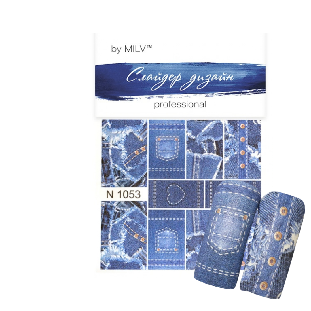 Nail art sticker sheet by MILV featuring a denim blue and white distressed pattern with stitched pocket and button details, shown alongside two rolled nail tips displaying the same design.