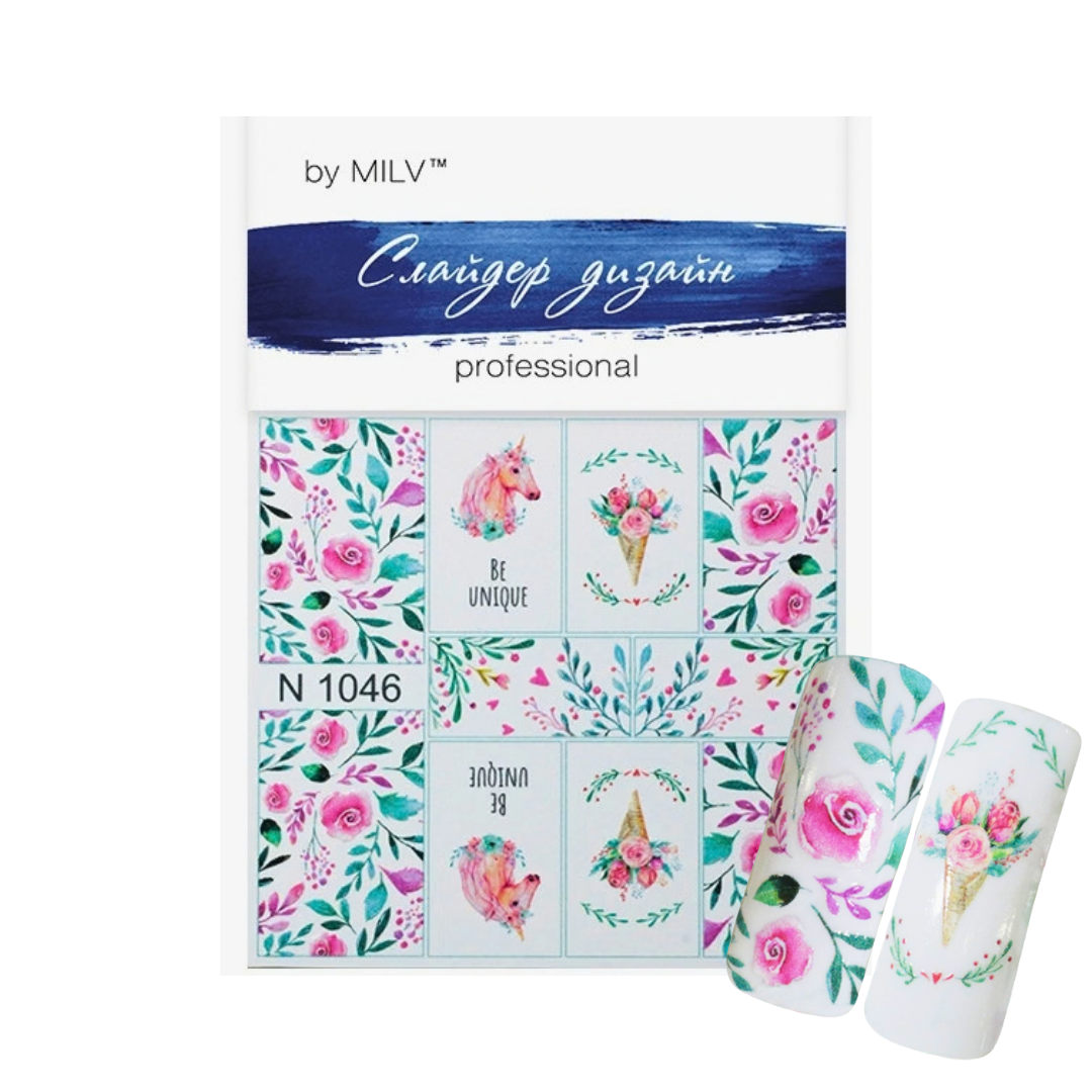MILV brand nail art sticker sheet N 1046 with floral and unicorn designs, shown with two sample nail wraps featuring pink roses and unicorn illustrations on a white background.