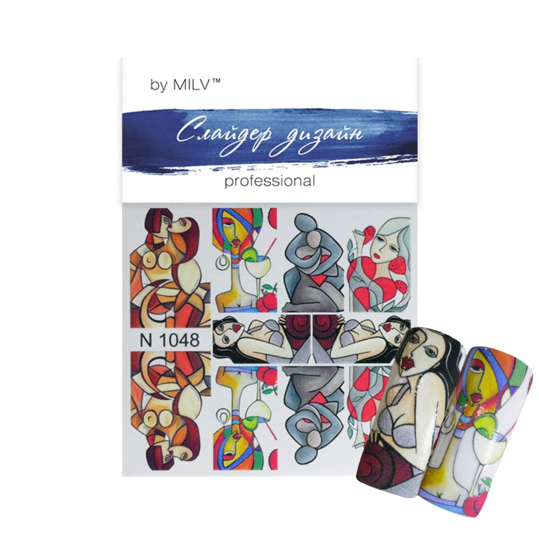 MILV professional nail art decal sheet N 1048 featuring abstract cubist-style female figures, shown with two sample nail wraps on a white background.