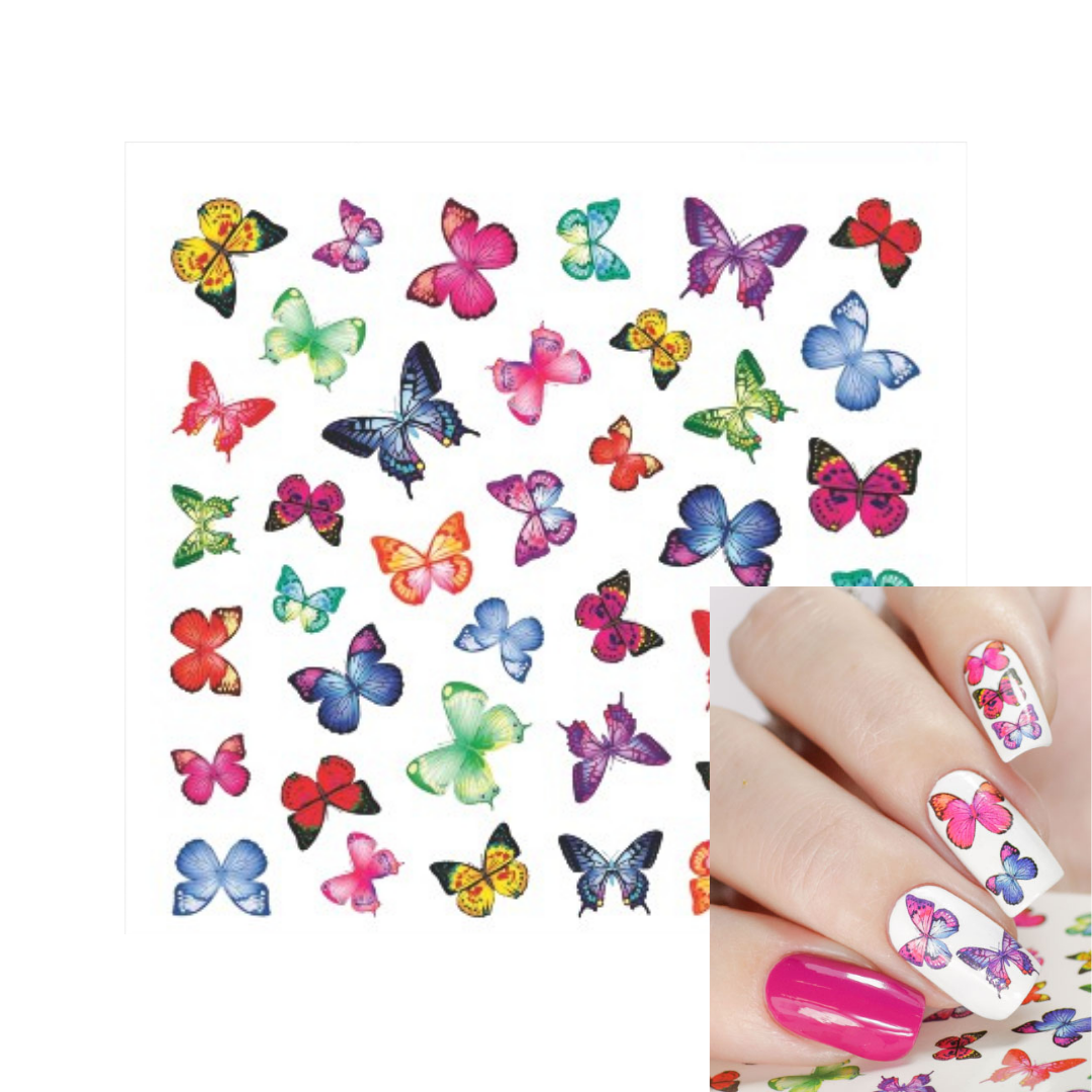 Multicolor butterfly nail stickers shown on a white sheet, with a small inset of hands demonstrating how the stickers are applied to fingernails.