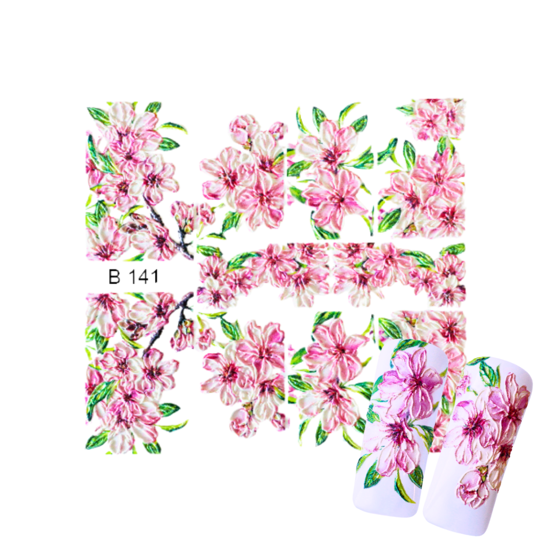 3d nail art sheet pattern labeled B 141 featuring pink cherry blossoms with green leaves, shown alongside two sample nail wraps on a white background.