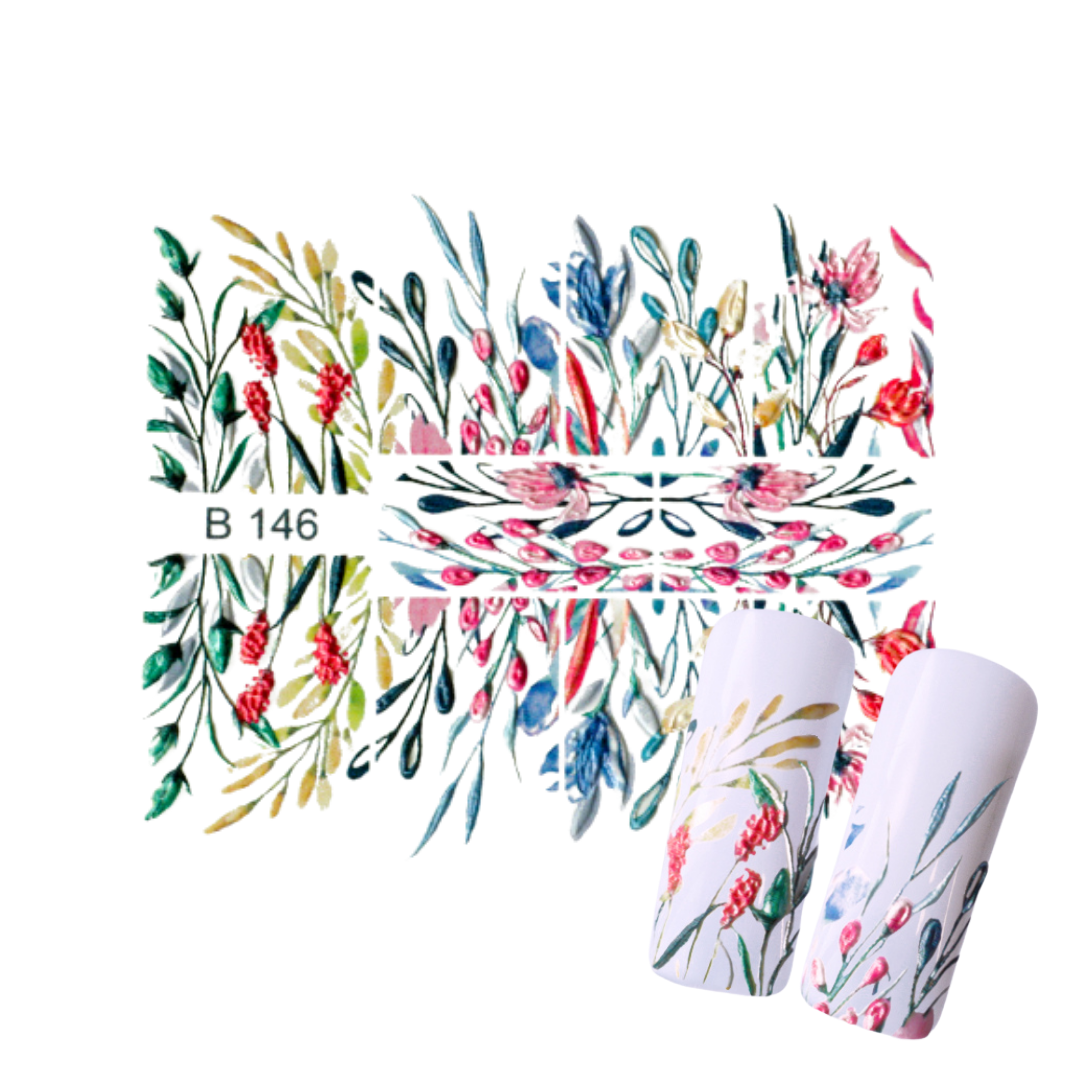 Watercolor floral nail art decal sheet with pattern code B 146, featuring a symmetrical design of pink flowers, green leaves, and blue botanical elements, shown alongside two sample nail wraps on a white background.