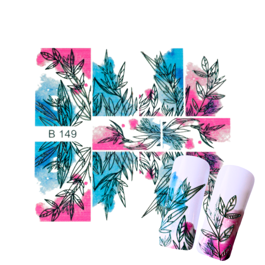 Nail wrap sheet set featuring a botanical leaf pattern with watercolor washes in pink, blue, and teal, shown as a flat sheet and two rolled pieces on a white background.