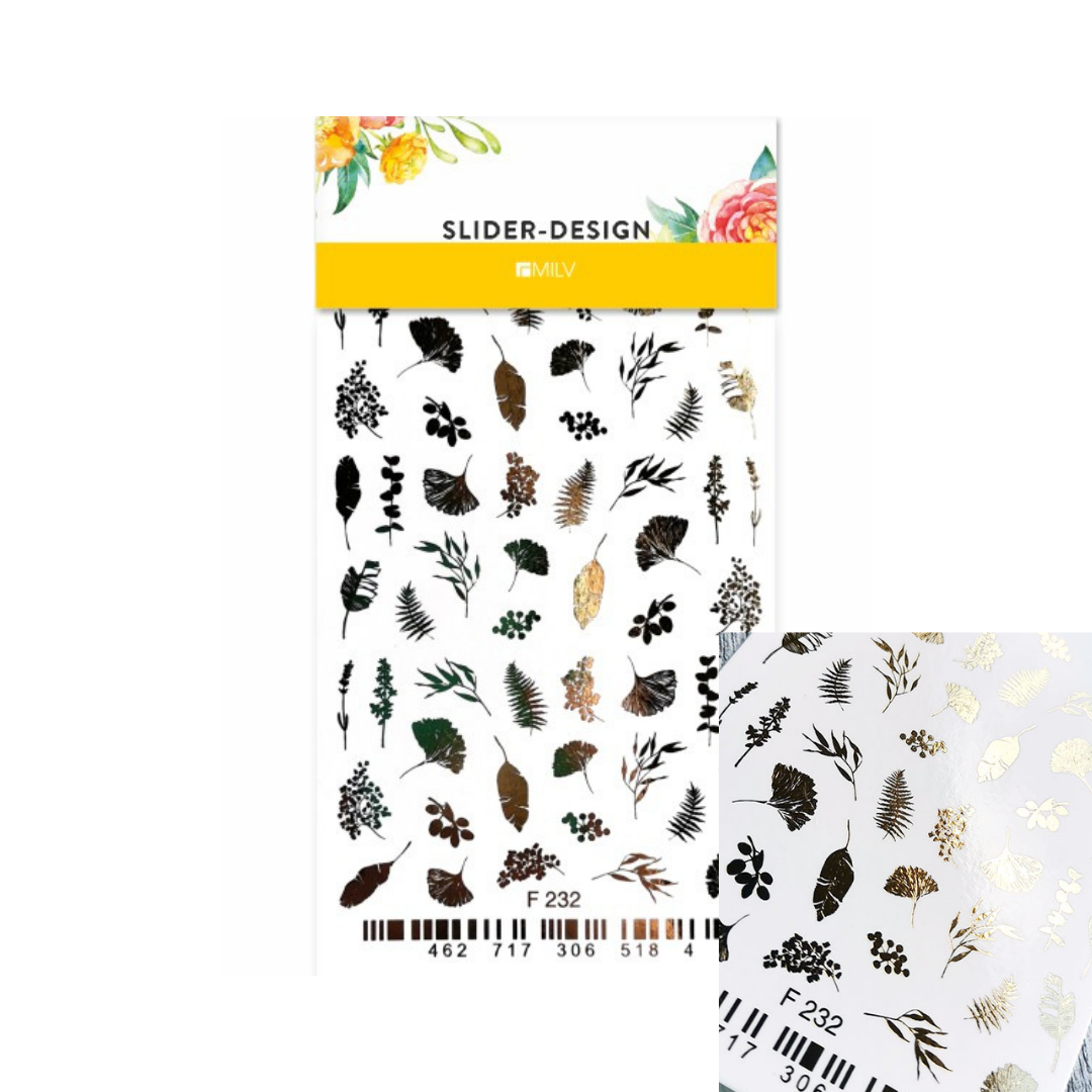 A sheet of nail art decals featuring various black, brown, and gold leaf designs, shown with its packaging header card labeled 'SLIDER-DESIGN' and 'NAILV'.