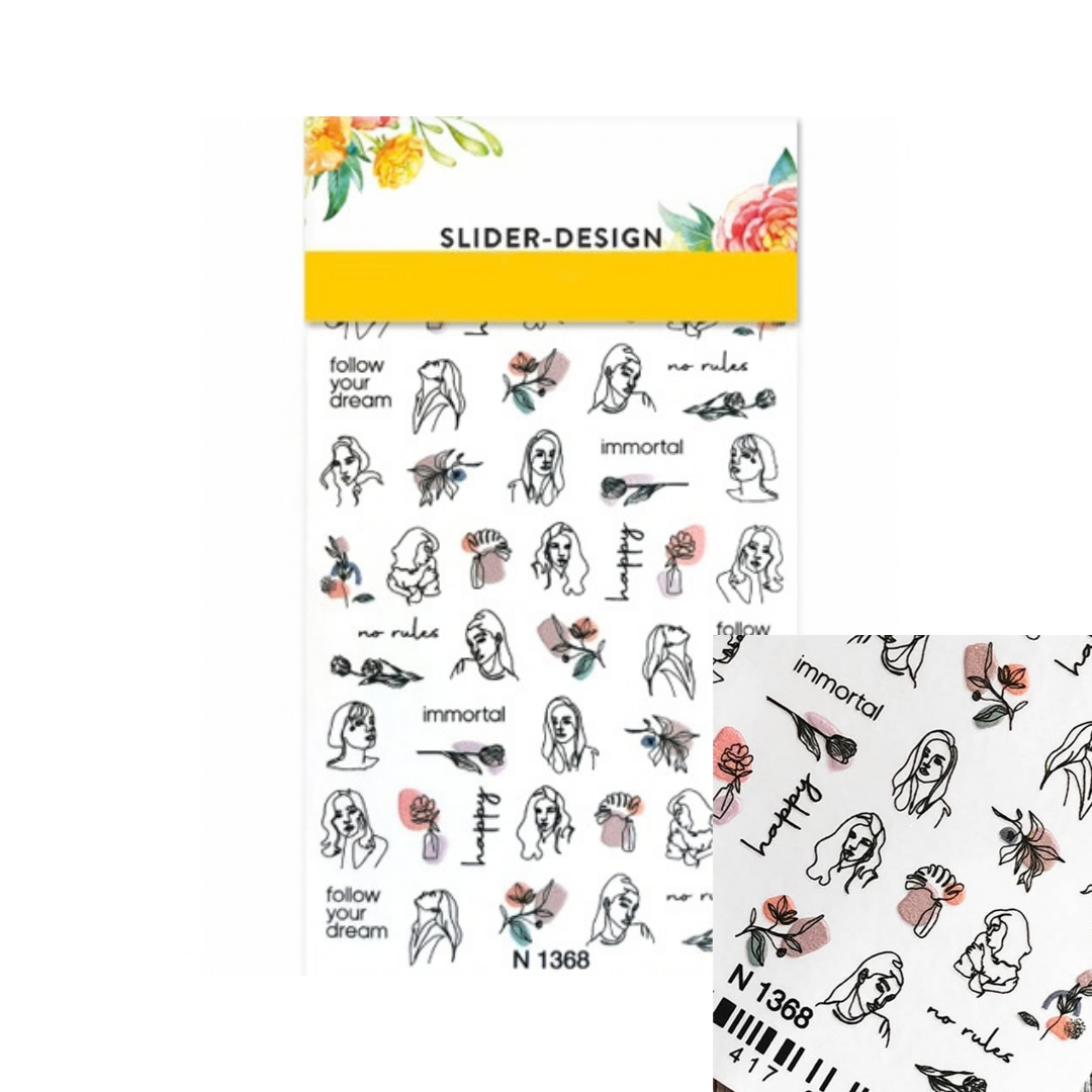 Nail art water slider sheet from Slider-Design featuring black line art illustrations of women's faces, flowers, and words like 'follow your dream' and 'immortal', with a yellow header band and floral corner accents.