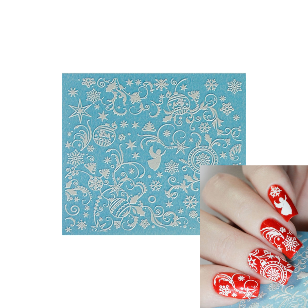 A square light blue 3d nail art sheet with white Christmas-themed patterns, shown alongside a close-up of manicured fingernails decorated with matching red and white holiday nail art.