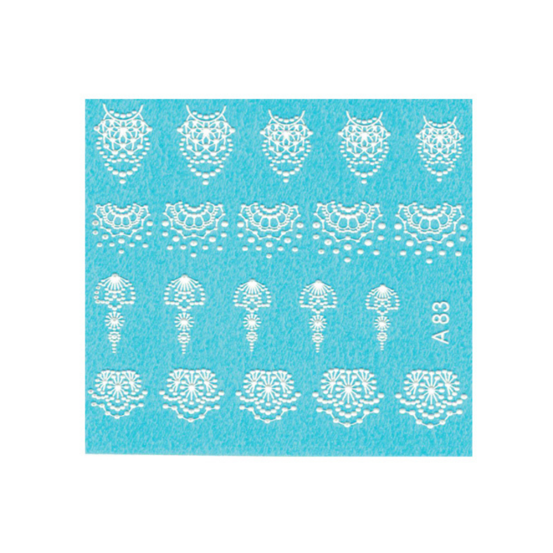 A square sheet of white lace-like 3d nail art sheet on a bright turquoise background, shown centered on a plain white backdrop. The sheet includes repeating floral and geometric lace patterns, with the number 'A83' printed vertically on the right side.