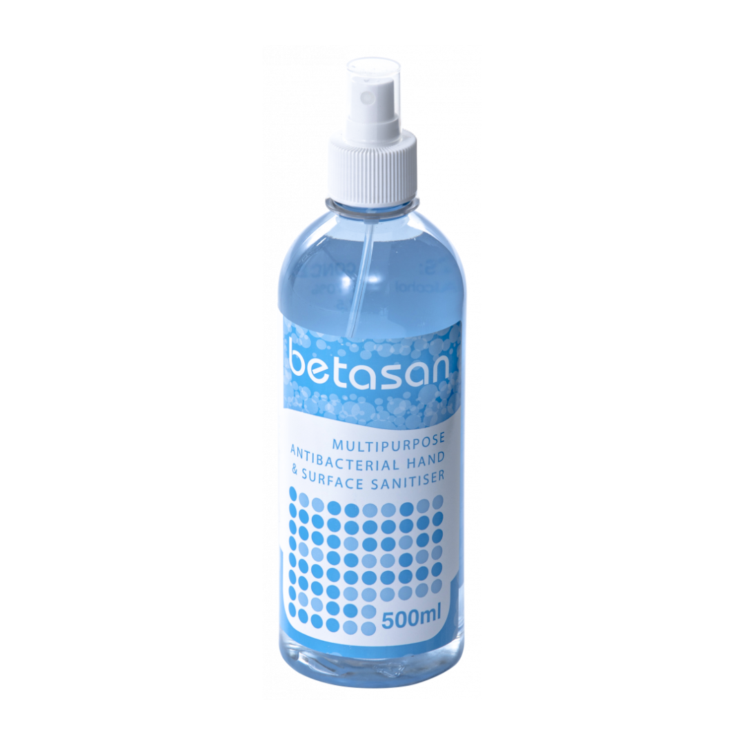 B100 Betasan Hand Sanitizer Spray | A 500ml bottle of Betasan Multipurpose Antibacterial Hand & Surface Sanitizer with a white spray cap, containing a light blue liquid, set against a plain white background.