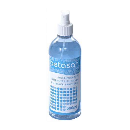 B100 Betasan Hand Sanitizer Spray | A 500ml bottle of Betasan Multipurpose Antibacterial Hand & Surface Sanitizer with a white spray cap, containing a light blue liquid, set against a plain white background.