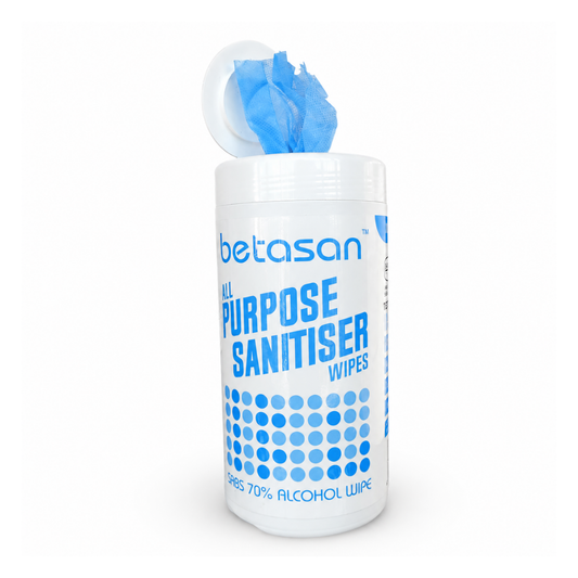 A white plastic canister of betasan All Purpose Sanitiser Wipes with blue text and a blue dotted pattern, shown with a blue tissue wipe pulled out from the top on a white background.