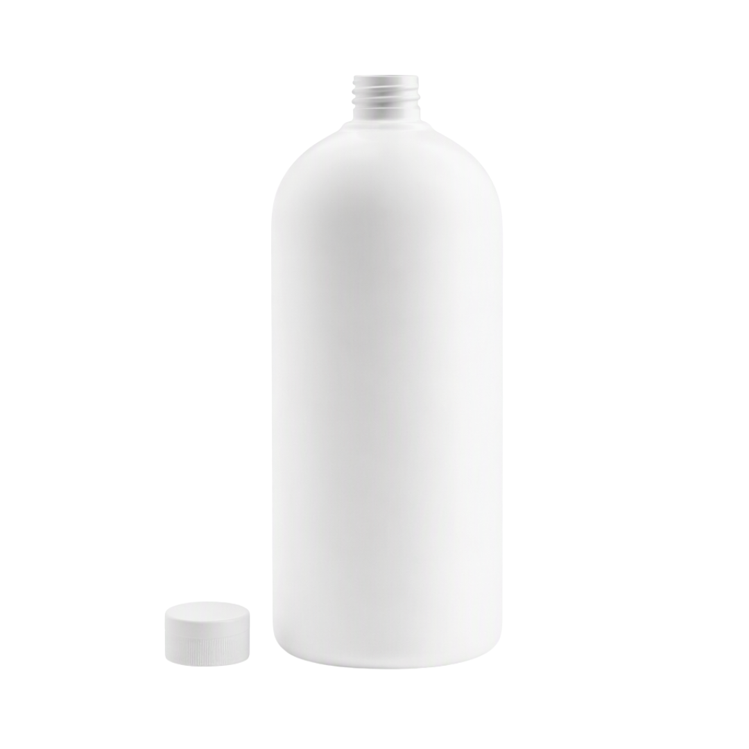 A 1 litre matte white plastic bottle with a threaded neck and a separate white cap placed beside it, isolated on a white background.