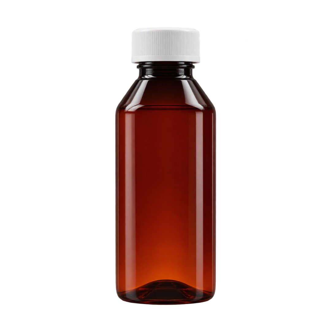 A 100ml PVC amber plastic bottle with white screw on lid