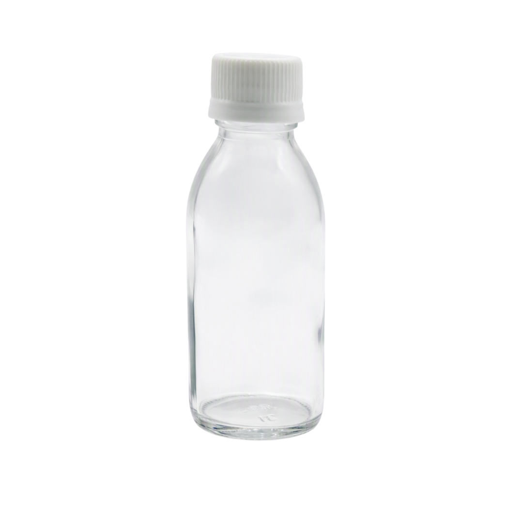 A small 100ml clear glass bottle with a white ribbed screw cap, shown against a plain white background.