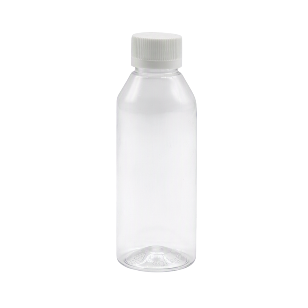 A 100ml clear plastic bottle with a screw on white cap