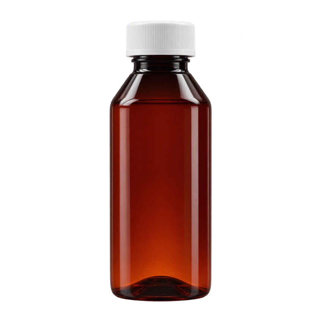 A 200ml PVC amber plastic bottle with white screw on lid
