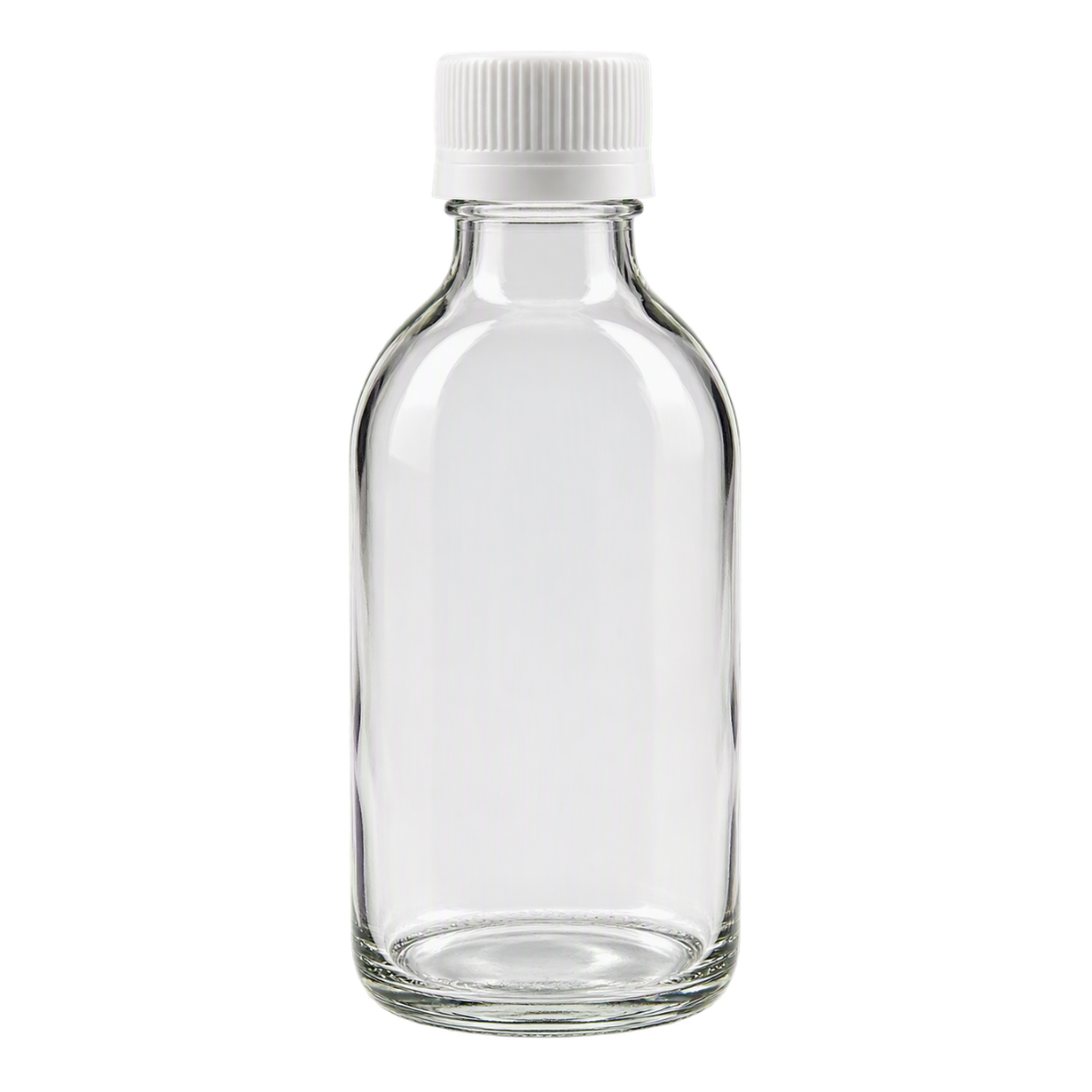 A 200ml clear glass bottle with a white ribbed screw cap, shown against a plain white background.