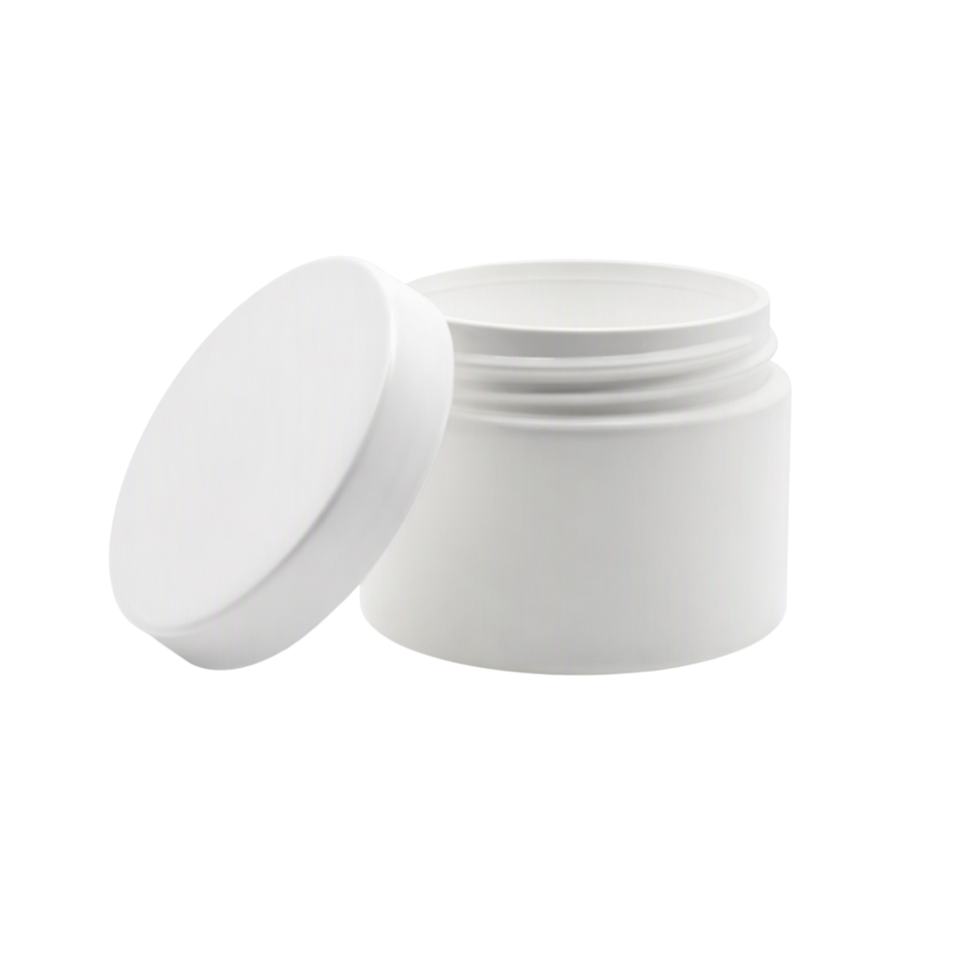 A plain white 250ml plastic cosmetic jar with its matching lid leaning against it on a solid white background.