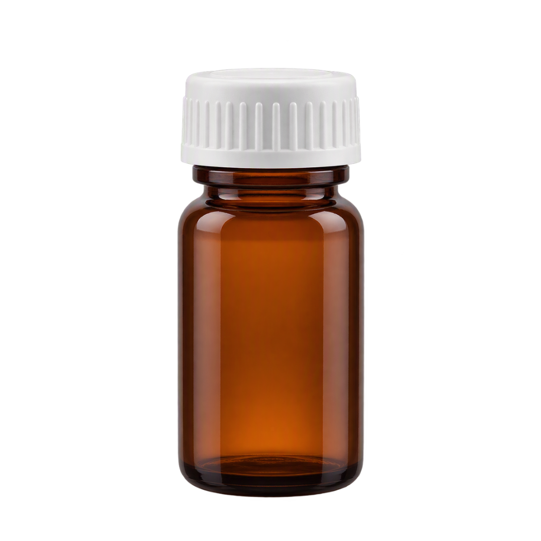 A 30ml PVC amber plastic bottle with white screw on lid